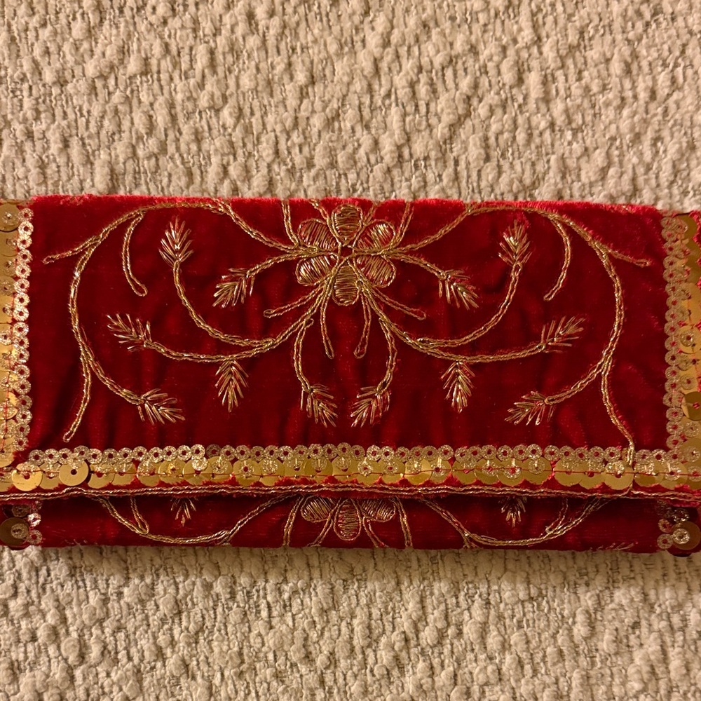 Elegant Red Clutch with Gold Embroidery